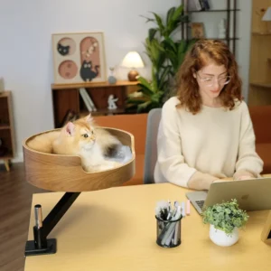 Eco-Friendly Wooden Desktop Cat Bed (360° Rotating & Adjustable)